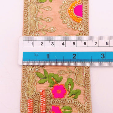 Peach Art Silk Fabric Trim With Green, Orange, Fuchsia Pink And Gold Floral Embroidery